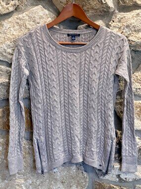 Petite Women's Lightweight Cotton Tan Cable Knit Sweater Zip Side Accents sz SP